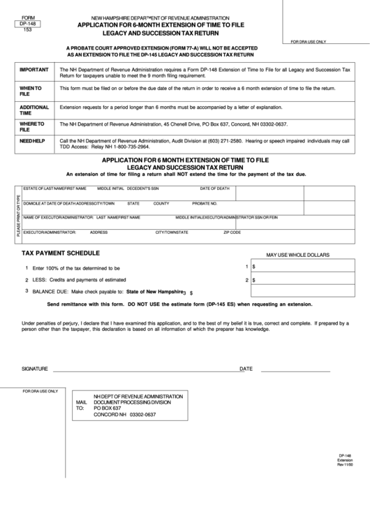Form Dp-148 - Application For 6-Month Extension Of Time To File Legacy And Succession Tax Return Printable pdf