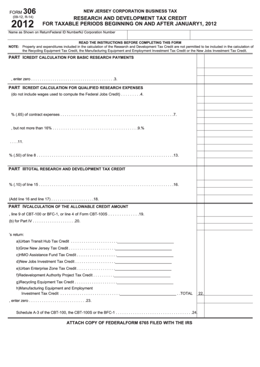 Fillable Form 306 - Research And Development Tax Credit - New Jersey Corporation Business Tax - 2012 Printable pdf