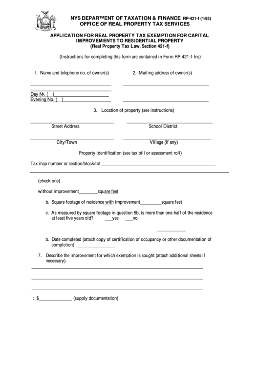 Fillable Form Rp-421-F - Application For Real Property Tax Exemption For Capital Improvements To Residential Property Printable pdf