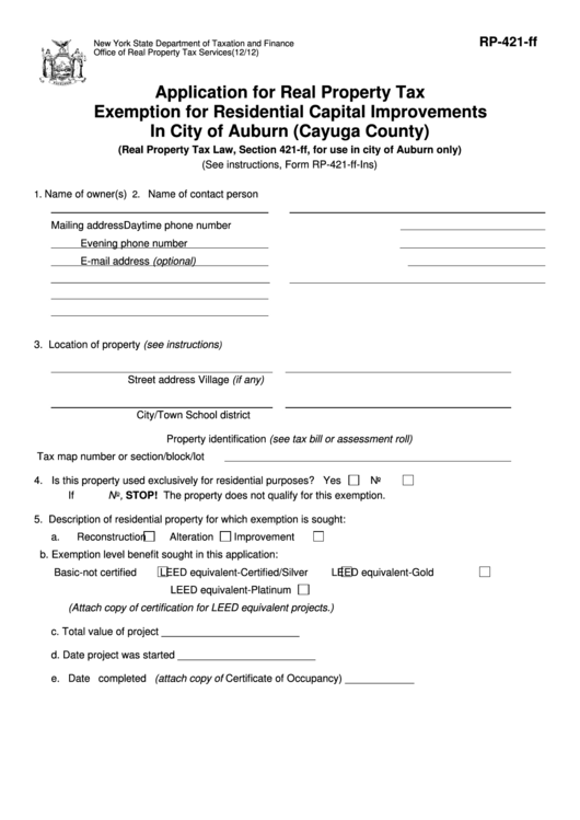 Fillable Form Rp-421-Ff - Application For Real Property Tax Exemption For Residential Capital Improvements In City Of Auburn (Cayuga County) Printable pdf
