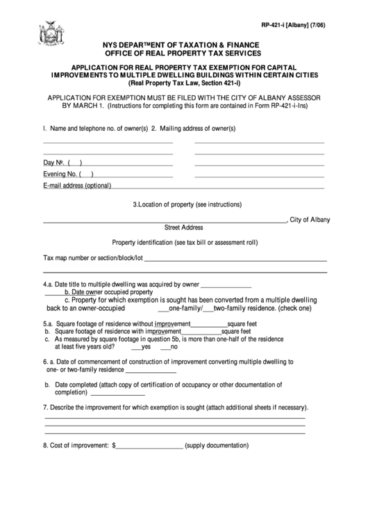 Fillable Form Rp-421-I [albany] - Application For Real Property Tax Exemption For Capital Improvements To Multiple Dwelling Buildings Within Certain Cities Printable pdf