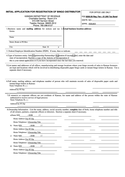 Form Bi-158 - Initial Application For Registration Of Bingo Distributor Printable pdf