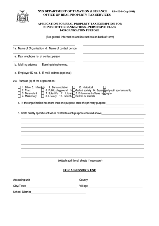 Fillable Form Rp-420-B-Org - Application For Real Property Tax Exemption For Nonprofit Organizations - Permissive Class I-Organization Purpose Printable pdf