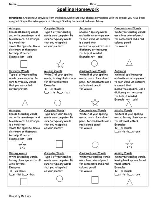 Spelling Homework Worksheet Printable pdf