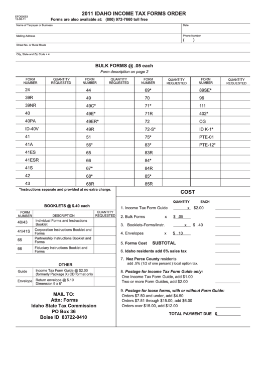 Form Efo00053 - Idaho Income Tax Forms Order - 2011 Printable pdf