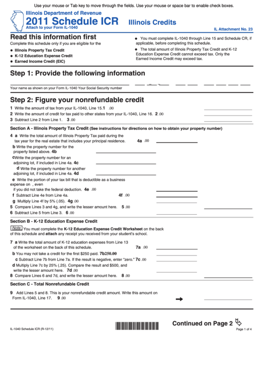 Fillable Schedule Icr (Form Il-1040) - Illinois Credits - 2011 Printable pdf