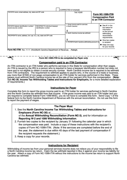 Form Nc-1099-Itin - Compensation Paid To An Itin Contractor - North Carolina Department Of Revenue Printable pdf