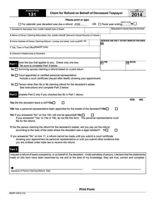 Fillable Arizona Form 131 - Claim For Refund On Behalf Of Deceased Taxpayer - 2014 Printable pdf