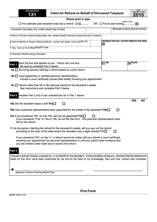 Fillable Arizona Form 131 - Claim For Refund On Behalf Of Deceased Taxpayer - 2015 Printable pdf
