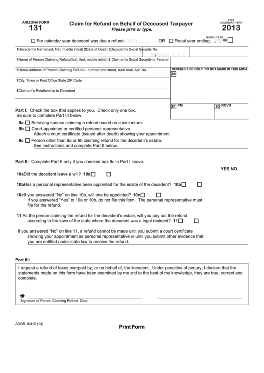 Fillable Arizona Form 131 - Claim For Refund On Behalf Of Deceased Taxpayer Printable pdf