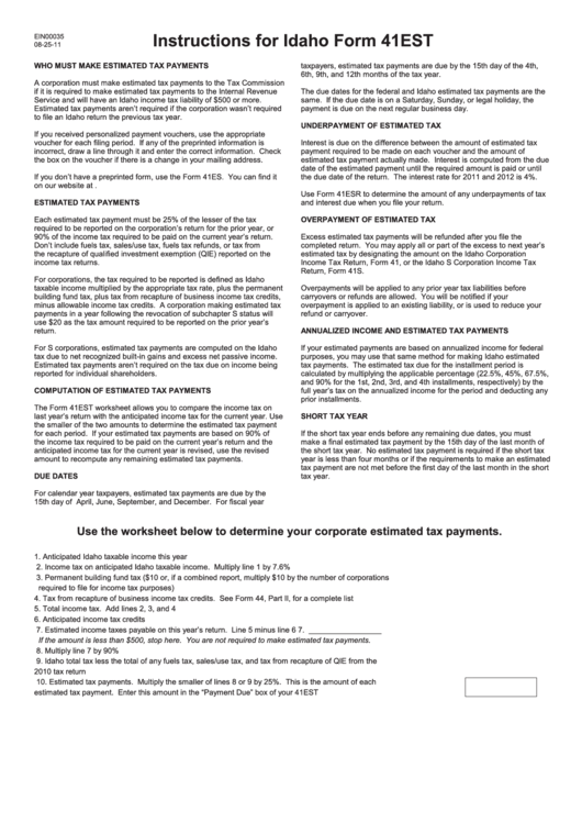 Instructions For Idaho Form 41est Printable pdf