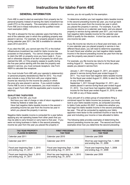 Instructions For Idaho Form 49e Printable pdf
