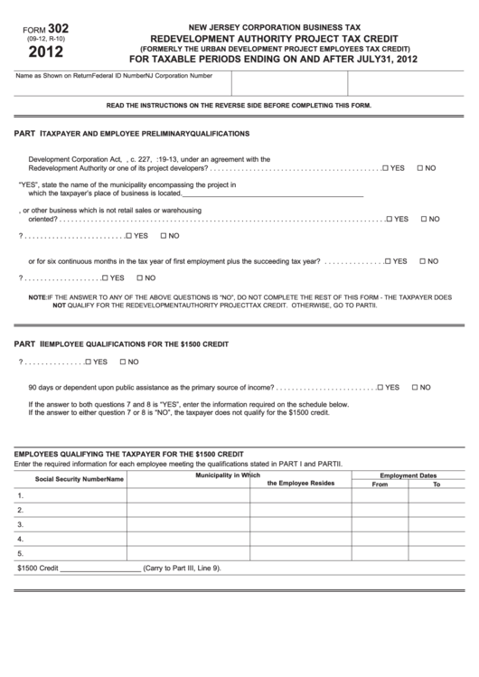 Fillable Form 302 - Redevelopment Authority Project Tax Credit - New Jersey Corporation Business Tax - 2012 Printable pdf
