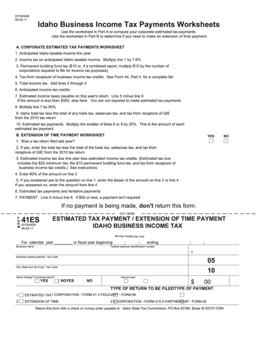 Fillable Form 41es - Estimated Tax Payment / Extension Of Time Payment Idaho Business Income Tax Printable pdf