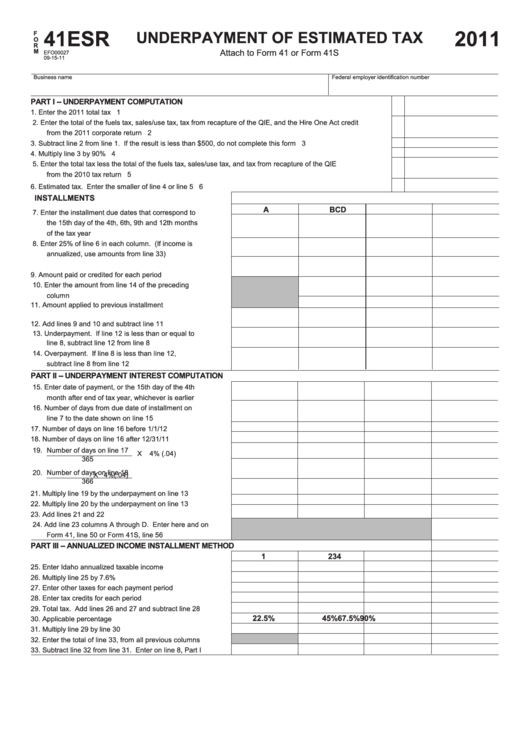 Fillable Form 41esr - Underpayment Of Estimated Tax - 2011 Printable pdf