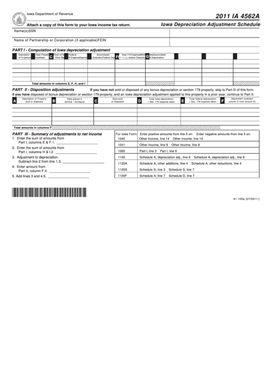 Form Ia 4562a - Iowa Depreciation Adjustment Schedule - 2011 Printable pdf