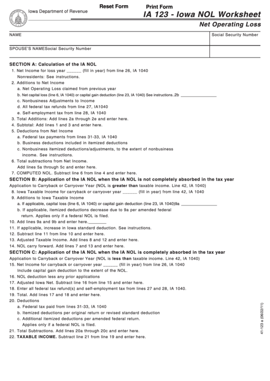 Fillable Form Ia 123 - Iowa Nol Worksheet Printable pdf