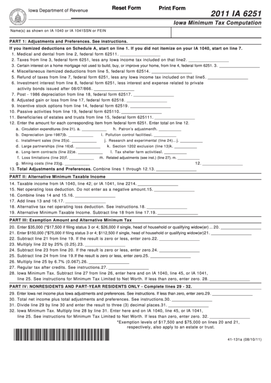 Fillable Form Ia 6251 - Iowa Minimum Tax Computation - 2011 Printable pdf