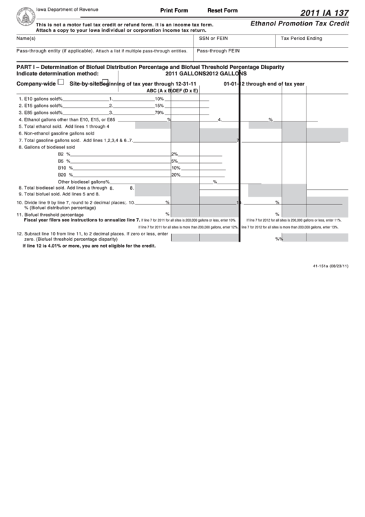 Fillable Form Ia 137 - Ethanol Promotion Tax Credit - 2011 Printable pdf