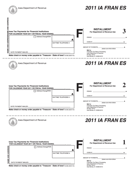 Form Ia Fran Es - Iowa Tax Payments For Financial Institutions - 2011 Printable pdf