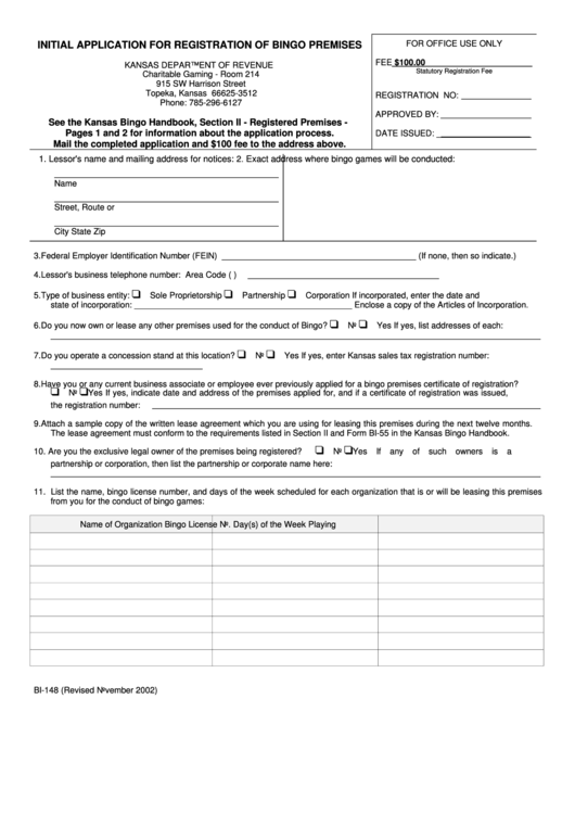 Form Bi-148 - Initial Application For Registration Of Bingo Premises Printable pdf