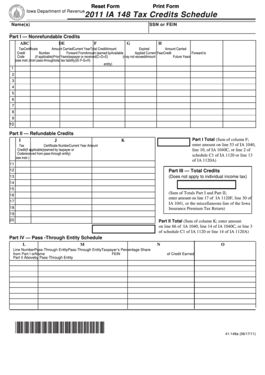 Fillable Form Ia 148 - Tax Credits Schedule - 2011 Printable pdf