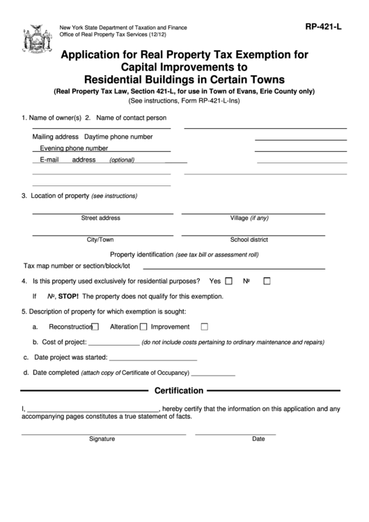 Fillable Form Rp-421-L - Application For Real Property Tax Exemption For Capital Improvements To Residential Buildings In Certain Towns Printable pdf