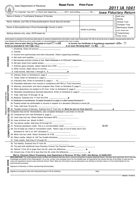 Fillable Form Ia 1041 - Iowa Fiduciary Return - 2011 Printable pdf