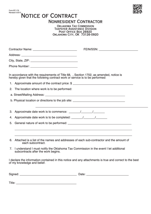 Fillable Form Bt-175 - Notice Of Contract - Nonresident Contractor Printable pdf