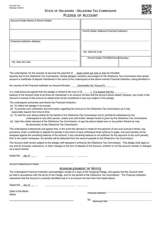 Fillable Form Bt-167 - Pledge Of Account Printable pdf
