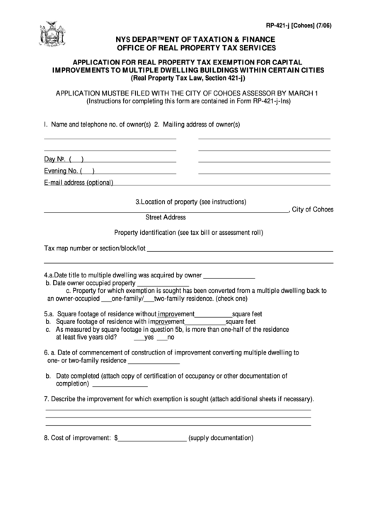 Fillable Form Rp-421-J [cohoes] - Application For Real Property Tax Exemption For Capital Improvements To Multiple Dwelling Buildings Within Certain Cities Printable pdf