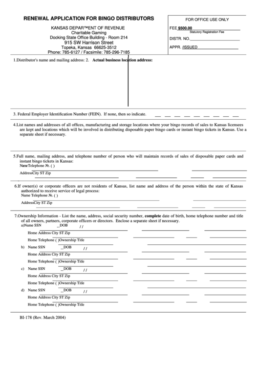 Form Bi-178 - Renewal Application For Bingo Distributors Printable pdf