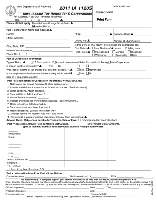 Fillable Form Ia 1120s - Iowa Income Tax Return For S Corporations - 2011 Printable pdf