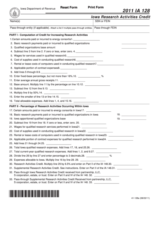 Fillable Form Ia 128 - Iowa Research Activities Credit - 2011 Printable pdf