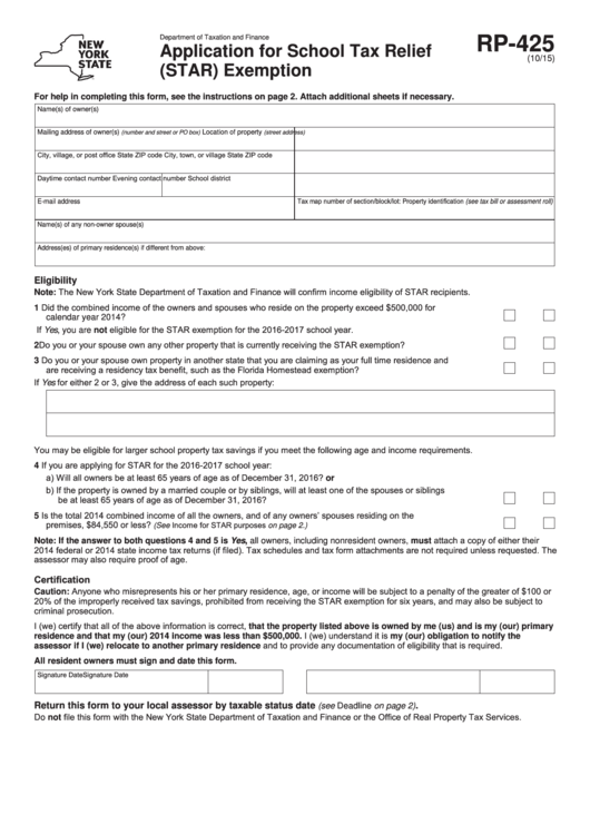 Fillable Form Rp-425 - Application For School Tax Relief (Star) Exemption Printable pdf
