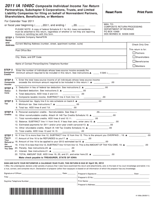 Fillable Form Ia 1040c - Composite Individual Income Tax Return - 2011 Printable pdf