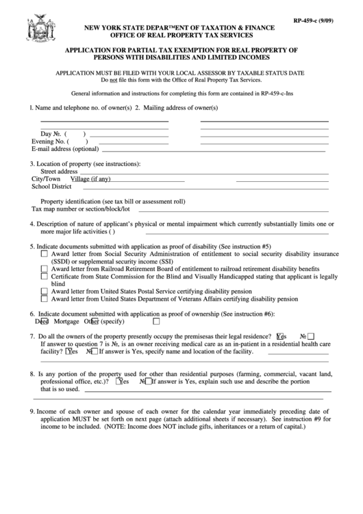 Fillable Form Rp-459-C - Application For Partial Tax Exemption For Real Property Of Persons With Disabilities And Limited Incomes Printable pdf