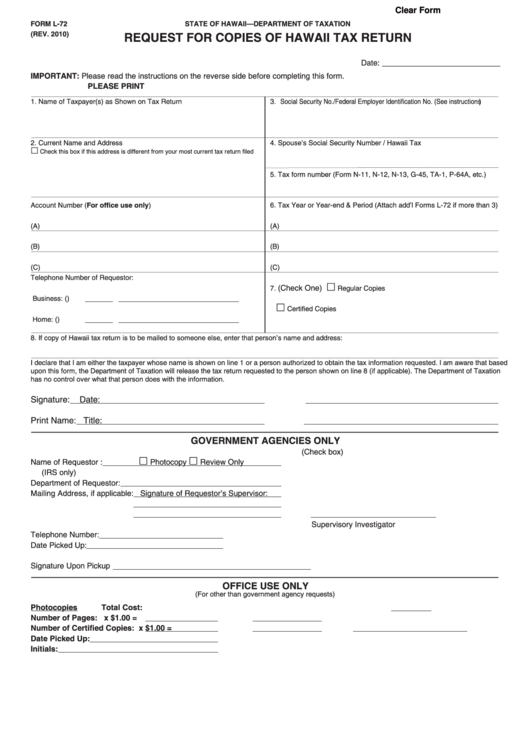 Fillable Form L-72 - Request For Copies Of Hawaii Tax Return Printable pdf