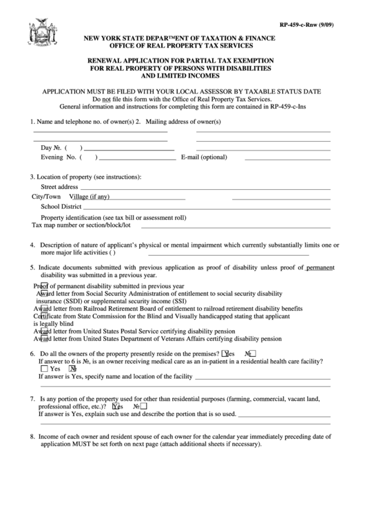 Fillable Form Rp-459-C-Rnw - Renewal Application For Partial Tax Exemption For Real Property Of Persons With Disabilities And Limited Incomes Printable pdf