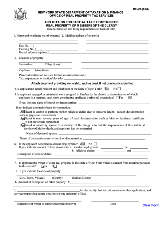 Fillable Form Rp-460 - Application For Partial Tax Exemption For Real Property Of Members Of The Clergy Printable pdf