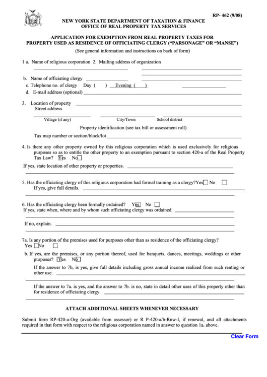 Fillable Form Rp-462 - Application For Exemption From Real Property Taxes For Property Used As Residence Of Officiating Clergy Printable pdf