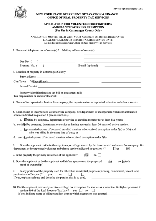 Fillable Form Rp-466-C [cattaraugus] - Application For Volunteer Firefighters / Ambulance Workers Exemption Printable pdf