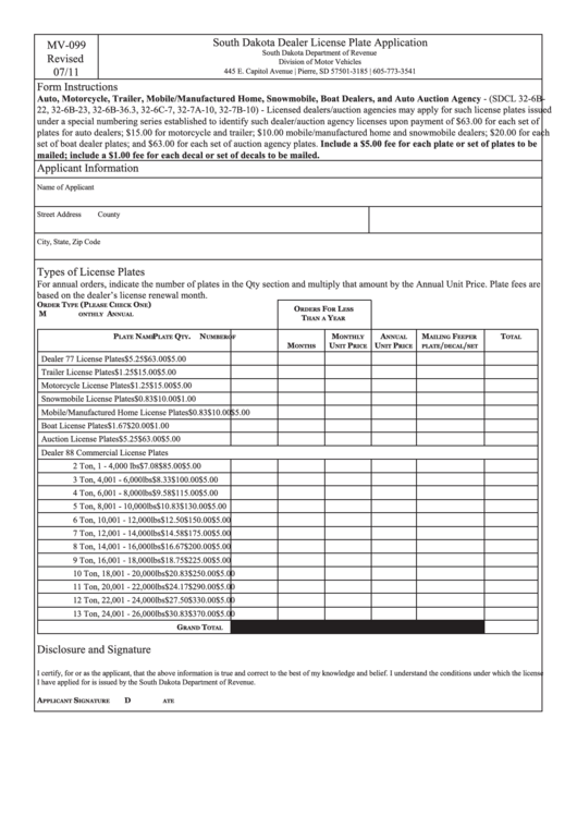 Form Mv-099 - South Dakota Dealer License Plate Application Printable pdf
