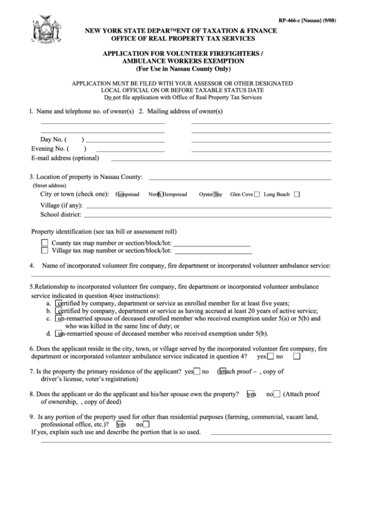 Fillable Form Rp-466-C [nassau] - Application For Volunteer Firefighters / Ambulance Workers Exemption Printable pdf