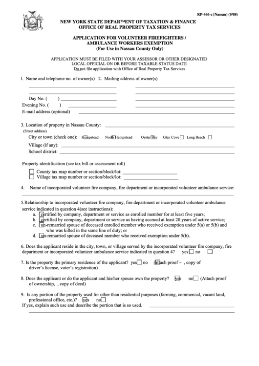 Fillable Form Rp-466-C [nassau] - Application For Volunteer ...