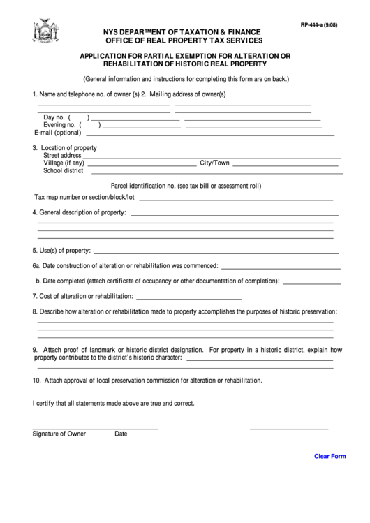 Fillable Form Rp-444-A - Application For Partial Exemption For Alteration Or Rehabilitation Of Historic Real Property Printable pdf
