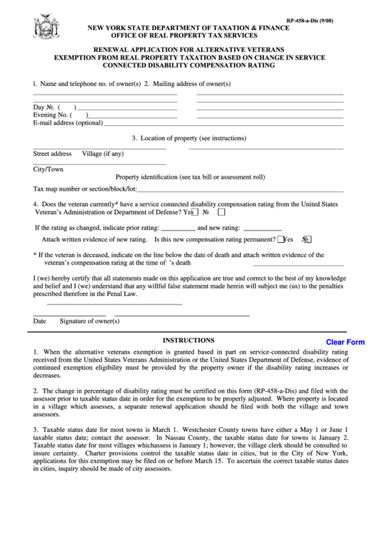 Fillable Form Rp-458-A-Dis - Renewal Application For Alternative Veterans Exemption From Real Property Taxation Based On Change In Service Printable pdf