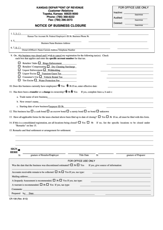 Form Cr-108 - Notice Of Business Closure Printable pdf