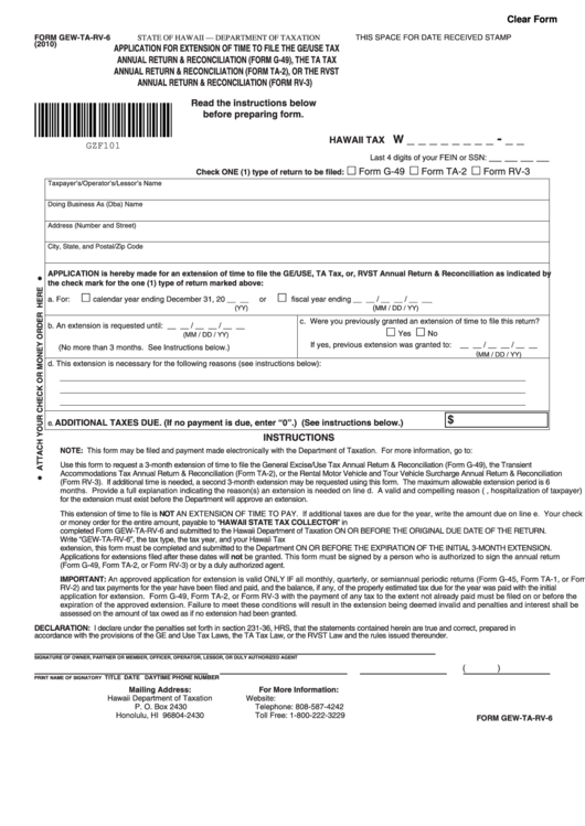 Fillable Form Gew-Ta-Rv-6 - Application For Extension Of Time To File The Ge/use Tax Annual Return & Reconciliation (Form G-49), The Ta Tax Annual Return & Reconciliation (Form Ta-2), Or The Rvst Annual Return & Reconciliation (Form Rv-3) - 2010 Printable pdf