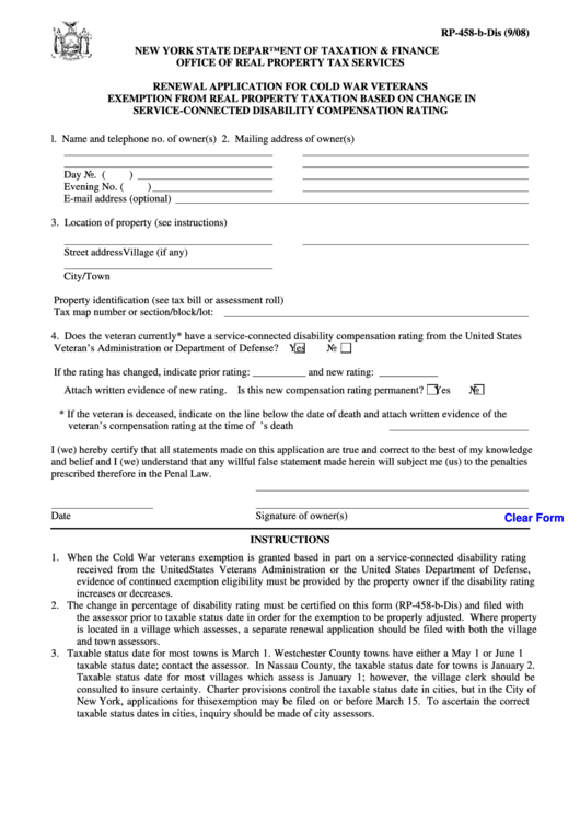 Fillable Form Rp-458-B-Dis - Renewal Application For Cold War Veterans Exemption From Real Property Taxation Based On Change In Service-Connected Disability Compensation Rating Printable pdf